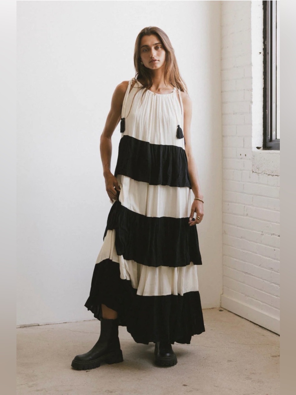 Bohme / Aaron & Amber Feminine Color Blocked Tier Maxi Summer Dress